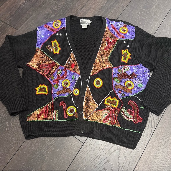 VINTAGE 80’s Multicoloured Beaded  Cardigan Sweater - Picture 9 of 12
